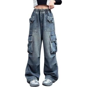 imageRolanko Girls Cargo Pants Baggy Y2K Cargo Trousers Jeans Wide Leg Pants with Multi Pockets 415 YearsBluekneeruffles