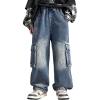 image:imageRolanko Boys Baggy Cargo Jeans Elastic Waist Wide Leg Y2k Hip Hop Denim Pants Kids Loose Fit Trousers StreetwearBluegray