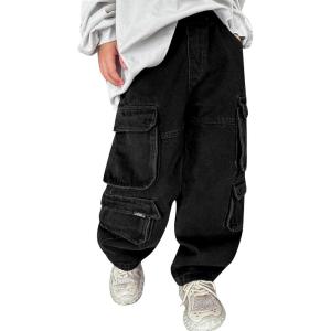 image:imageRolanko Boys Baggy Cargo Jeans Elastic Waist Wide Leg Y2k Hip Hop Denim Pants Kids Loose Fit Trousers StreetwearBlack