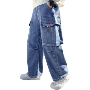 image:imageRolanko Boys Baggy Cargo Jeans Elastic Waist Wide Leg Y2k Hip Hop Denim Pants Kids Loose Fit Trousers StreetwearBluebigpocket