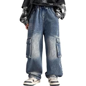 image:imageRolanko Boys Baggy Cargo Jeans Elastic Waist Wide Leg Y2k Hip Hop Denim Pants Kids Loose Fit Trousers StreetwearBluegray