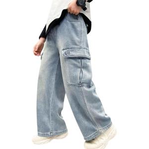 image:imageRolanko Boys Baggy Cargo Jeans Elastic Waist Wide Leg Y2k Hip Hop Denim Pants Kids Loose Fit Trousers StreetwearLightblue