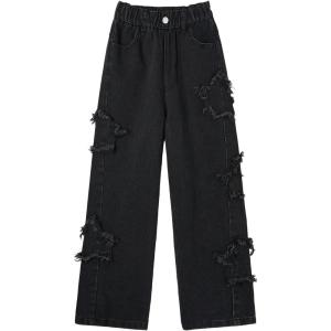 image:imageRolanko Girls Jeans Denim Elastic Wasit Wide Leg Baggy Pants Kids Clothes 414 YearsBlackstar