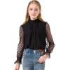 image:imageRolanko Girls Long Sleeve Shirts Chiffon Blouses with Polka Dot Ruffle Cuffs Cute Frill Neck Tops for Girls Spring Fall 713YBlack