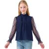 image:imageRolanko Girls Long Sleeve Shirts Chiffon Blouses with Polka Dot Ruffle Cuffs Cute Frill Neck Tops for Girls Spring Fall 713YNavy