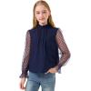 image:imageRolanko Girls Long Sleeve Shirts Chiffon Blouses with Polka Dot Ruffle Cuffs Cute Frill Neck Tops for Girls Spring Fall 713YNavy