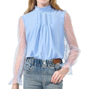 image:imageRolanko Girls Long Sleeve Shirts Chiffon Blouses with Polka Dot Ruffle Cuffs Cute Frill Neck Tops for Girls Spring Fall 713YBlue