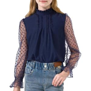 image:imageRolanko Girls Long Sleeve Shirts Chiffon Blouses with Polka Dot Ruffle Cuffs Cute Frill Neck Tops for Girls Spring Fall 713YNavy
