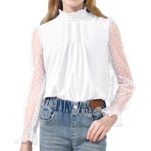 image:imageRolanko Girls Long Sleeve Shirts Chiffon Blouses with Polka Dot Ruffle Cuffs Cute Frill Neck Tops for Girls Spring Fall 713YWhite