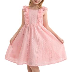 image:imageRolanko Girls Ruffle Sleeve Dress Square Neck Hollow Out Eyelet A Line Beach Vacation Summer Sundress 713YPink