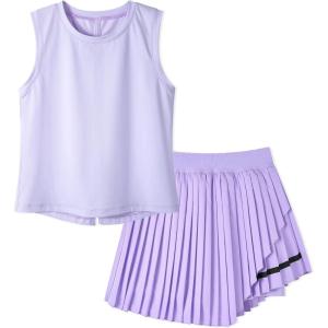 image:imageRolanko Girls Tennis Skirt Set UPF 50 Tank Top amp Pleated Skort with Builtin Shorts and Pocket Kids 2 Piece OutfitPurple