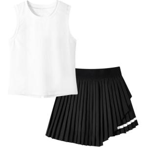 image:imageRolanko Girls Tennis Skirt Set UPF 50 Tank Top amp Pleated Skort with Builtin Shorts and Pocket Kids 2 Piece OutfitWhite
