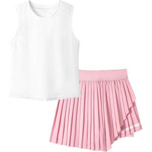 image:imageRolanko Girls Tennis Skirt Set UPF 50 Tank Top amp Pleated Skort with Builtin Shorts and Pocket Kids 2 Piece OutfitWhitepink