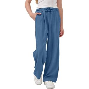 image:imageRolanko Girls Wide Leg Linen Pants Breathable Flowy Palazzo Trousers for School Beach Daily Wear 915 YearsIndigo
