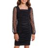 image:imageRolanko Girls Ruched Bodycon Dress Square Neck Long Sleeve Swiss Dot Mesh Mini Dress for Tweens TeensBlack