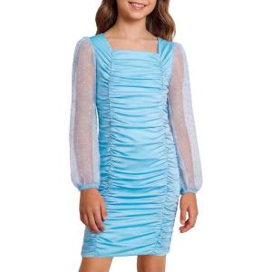 image:imageRolanko Girls Ruched Bodycon Dress Square Neck Long Sleeve Swiss Dot Mesh Mini Dress for Tweens TeensLightblue