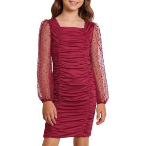 image:imageRolanko Girls Ruched Bodycon Dress Square Neck Long Sleeve Swiss Dot Mesh Mini Dress for Tweens TeensMaroon