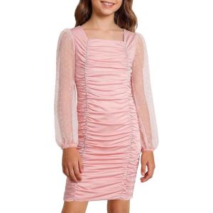 image:imageRolanko Girls Ruched Bodycon Dress Square Neck Long Sleeve Swiss Dot Mesh Mini Dress for Tweens TeensPink