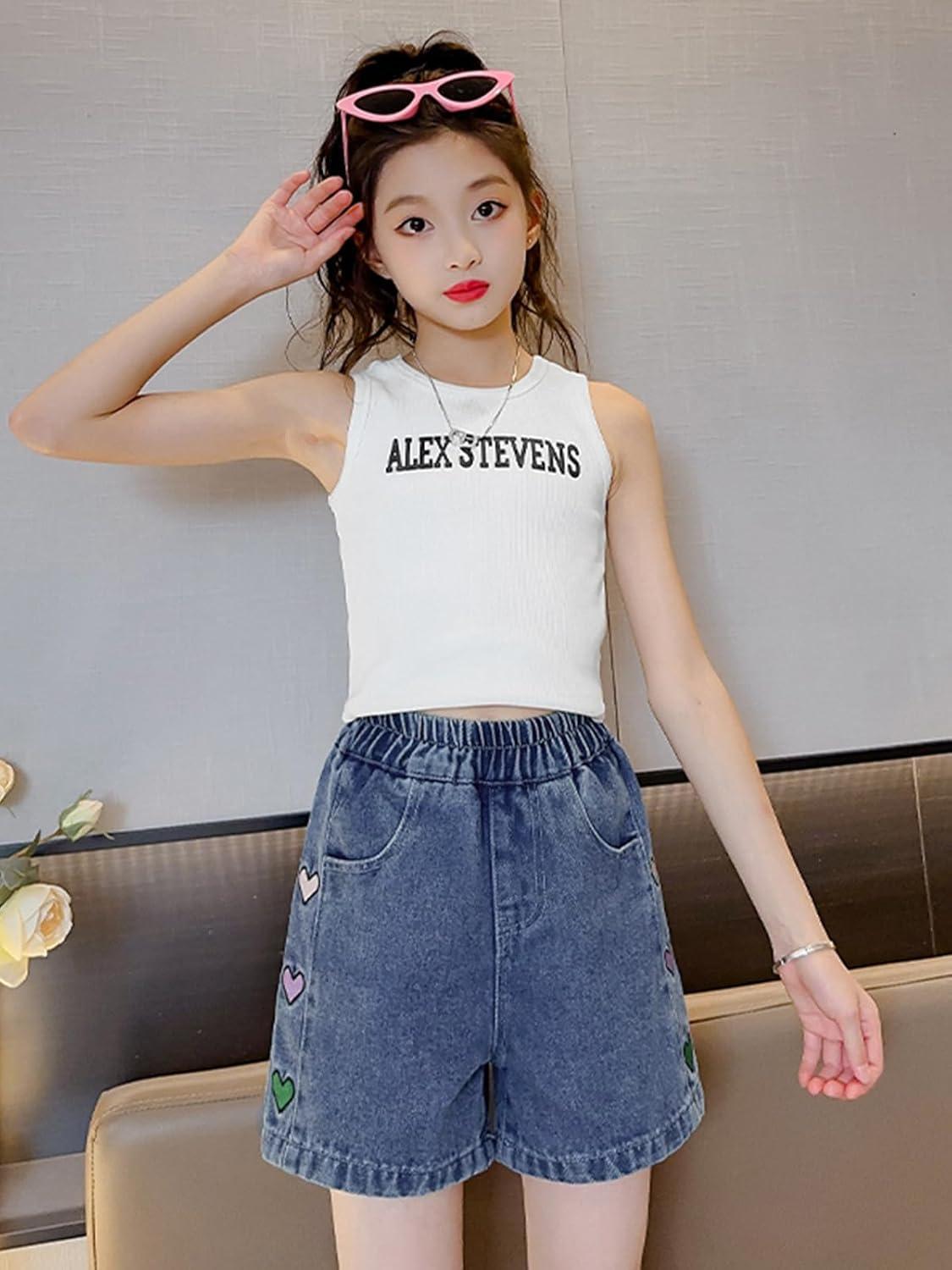 image:imageRolanko Girls Jean Shorts Wide Leg Baggy Denim Shorts Elastic Waist Kids Shorty Summer Short with Pocket 614 YearsColorheart