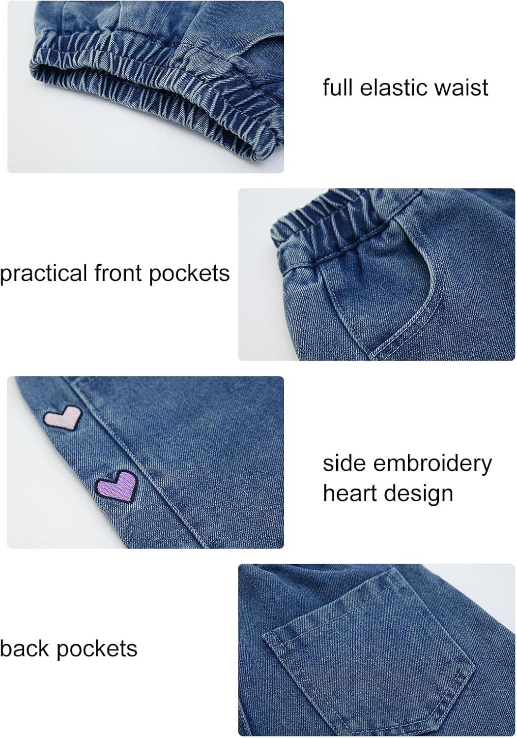 image:imageRolanko Girls Jean Shorts Wide Leg Straight Denim Shorts Elastic Waist Kids Shorty Summer Short with Pocket ColorHeart 1416