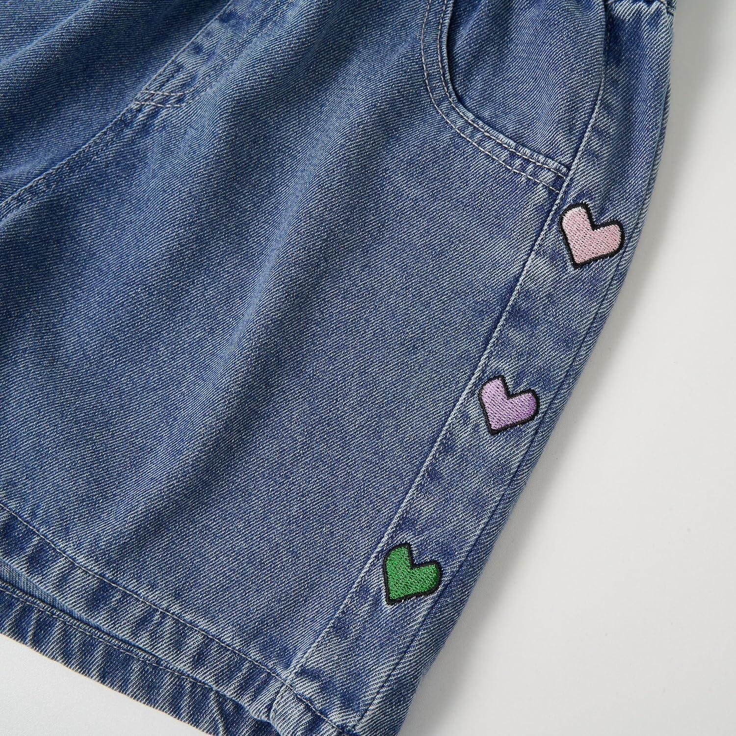 image:imageRolanko Girls Jean Shorts Wide Leg Straight Denim Shorts Elastic Waist Kids Shorty Summer Short with Pocket ColorHeart 1416