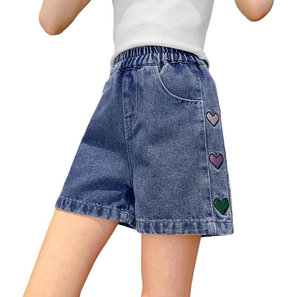image:imageRolanko Girls Jean Shorts Wide Leg Baggy Denim Shorts Elastic Waist Kids Shorty Summer Short with Pocket 614 YearsColorheart