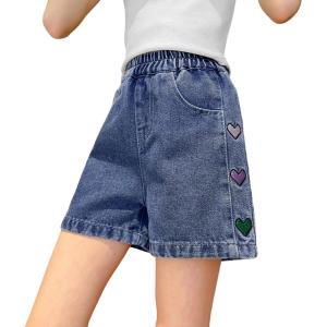image:imageRolanko Girls Jean Shorts Wide Leg Baggy Denim Shorts Elastic Waist Kids Shorty Summer Short with Pocket 614 YearsColorheart