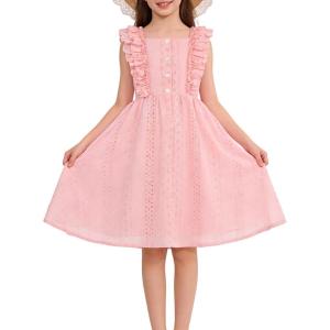 image:imageRolanko Girls Ruffle Sleeve Dress Square Neck Hollow Out Eyelet A Line Beach Vacation Summer Sundress 511YPink