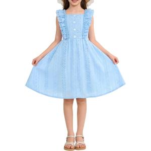 image:imageRolanko Girls Ruffle Sleeve Dress Square Neck Hollow Out Eyelet A Line Beach Vacation Summer Sundress 511YSkyblue