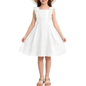 image:imageRolanko Girls Ruffle Sleeve Dress Square Neck Hollow Out Eyelet A Line Beach Vacation Summer Sundress 511YWhite