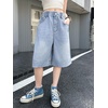 image:imageRolanko Girls Denim Shorts Wide Leg Jean Short Knee Length Baggy Jorts Y2k for Kids School Daily Holiday Streerwear Age 714Heartembroidery