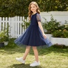 image:imageRolanko Girls Short Puff Sleeve Dress Contrast Mesh Ruffle Crew Neck Elegant Flower Girl Wedding Prom Summer DressNavy