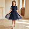 image:imageRolanko Girls Short Puff Sleeve Dress Contrast Mesh Ruffle Crew Neck Elegant Flower Girl Wedding Prom Summer DressNavy
