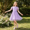 image:imageRolanko Girls Short Puff Sleeve Dress Contrast Mesh Ruffle Crew Neck Elegant Flower Girl Wedding Prom Summer DressPurple