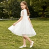 image:imageRolanko Girls Short Puff Sleeve Dress Contrast Mesh Ruffle Crew Neck Elegant Flower Girl Wedding Prom Summer DressWhite