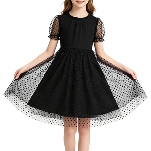 image:imageRolanko Girls Short Puff Sleeve Dress Contrast Mesh Ruffle Crew Neck Elegant Flower Girl Wedding Prom Summer DressBlack