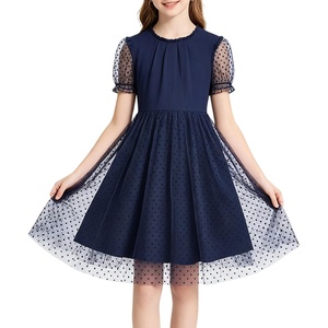 image:imageRolanko Girls Short Puff Sleeve Dress Contrast Mesh Ruffle Crew Neck Elegant Flower Girl Wedding Prom Summer DressNavy