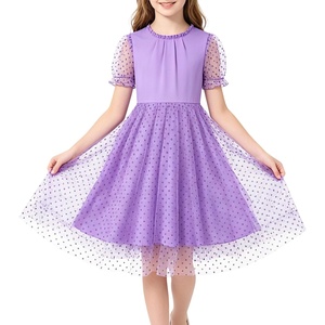 image:imageRolanko Girls Short Puff Sleeve Dress Contrast Mesh Ruffle Crew Neck Elegant Flower Girl Wedding Prom Summer DressPurple