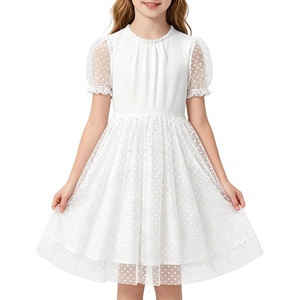image:imageRolanko Girls Short Puff Sleeve Dress Contrast Mesh Ruffle Crew Neck Elegant Flower Girl Wedding Prom Summer DressWhite