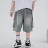 image:imageRolanko Boys Baggy Jorts Elastic Waist Wide Leg Jean Shorts Loose Denim Shorts with Pockets Y2K StreetwearBluepocket