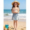 image:imageRolanko Girls Jean Skirt Tiered Ruffle Denim Skort Elastic Waist Denim Skirts with Pockets for Kids School Daily Wear 614YBow
