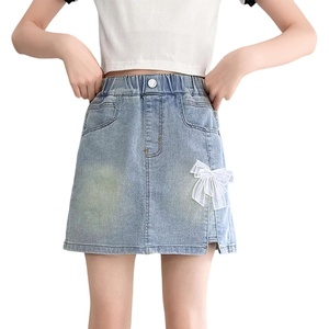 image:imageRolanko Girls Jean Skirt Tiered Ruffle Denim Skort Elastic Waist Denim Skirts with Pockets for Kids School Daily Wear 614YBow