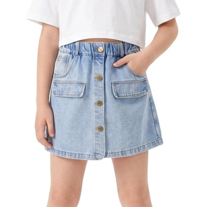 image:imageRolanko Girls Jean Skirt Tiered Ruffle Denim Skort Elastic Waist Denim Skirts with Pockets for Kids School Daily Wear 614YButton