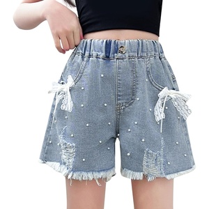 image:imageRolanko Girls Jean Shorts Wide Leg Baggy Denim Shorts Elastic Waist Kids Shorty Summer Short with Pocket 614 YearsPearlbow
