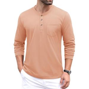 imageMAGCOMSEN Mens Henley Long Sleeve Casual Shirts Cotton Pocket t Shirts Summer Fitted Plain Tops Lightweight FashionApricot