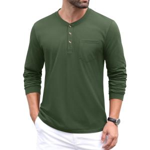 imageMAGCOMSEN Mens Henley Long Sleeve Casual Shirts Cotton Pocket t Shirts Summer Fitted Plain Tops Lightweight FashionArmy Green