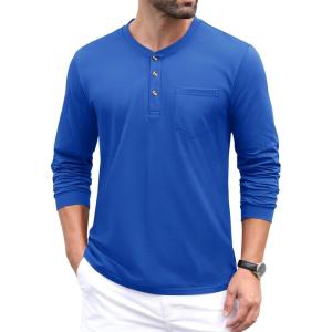 imageMAGCOMSEN Mens Henley Long Sleeve Casual Shirts Cotton Pocket t Shirts Summer Fitted Plain Tops Lightweight FashionCloor Blue