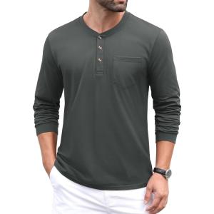 imageMAGCOMSEN Mens Henley Long Sleeve Casual Shirts Cotton Pocket t Shirts Summer Fitted Plain Tops Lightweight FashionDark Grey