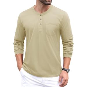 imageMAGCOMSEN Mens Henley Long Sleeve Casual Shirts Cotton Pocket t Shirts Summer Fitted Plain Tops Lightweight FashionKhaki