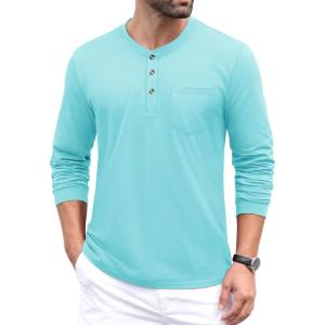 imageMAGCOMSEN Mens Henley Long Sleeve Casual Shirts Cotton Pocket t Shirts Summer Fitted Plain Tops Lightweight FashionLakeblue